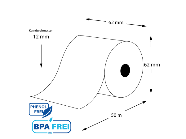 Thermorollen phenolfrei 62mm x 50m x 12mm - 48gr (50 Rollen)