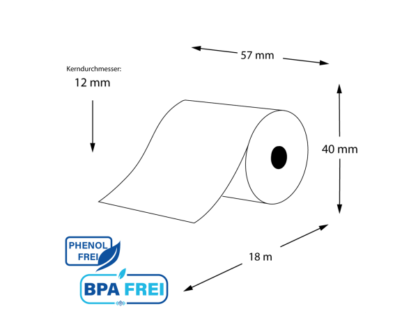 Kurze Thermorollen phenolfrei 57 x 18m x 12 (50 Rollen)