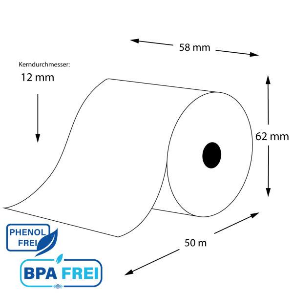 Thermorollen phenolfrei 58 x 50m x 12 aus extrastarkem Papier (50 Rollen)