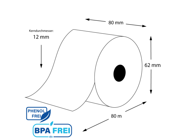 Thermorollen phenolfrei 80 x 80 x 12 aus extrastarkem Papier (40 Rollen)