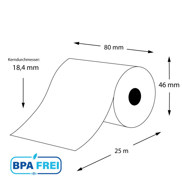 Thermorollen für Kassen BPA-frei 80 x 25m x 18,4 (50 Rollen)