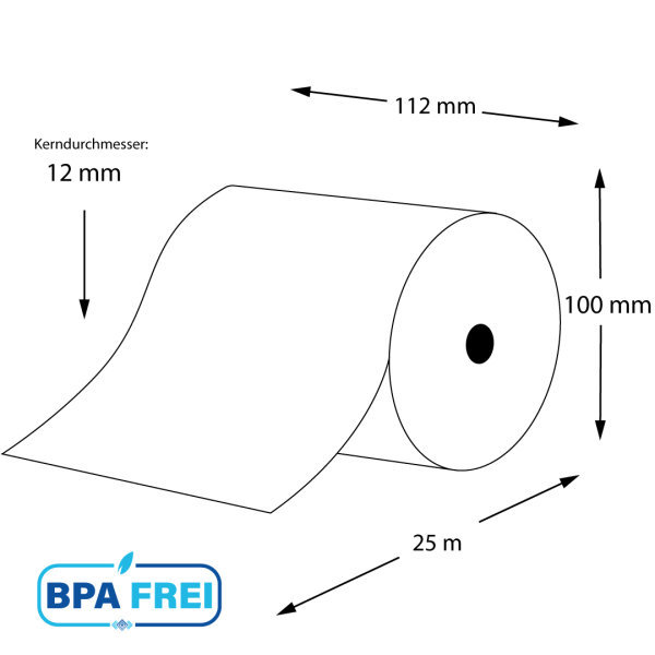 Thermorollen für Kassen außenbeschichtet BPA-frei 112 x 25m x 12 (50 Rollen)