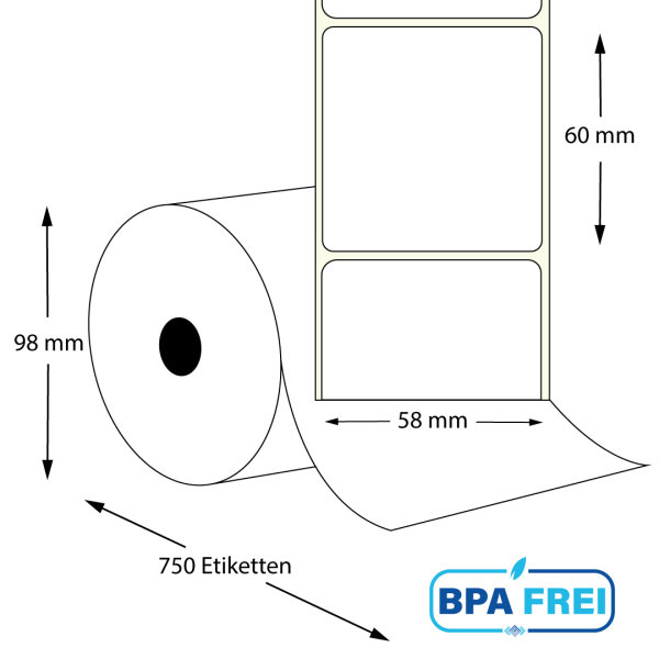 Thermo-Etikettenrollen 58 x 60 mm (Hülse: 40 mm) für Mettler Toledo und Bizerba