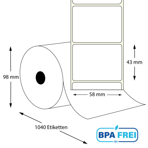 Thermo-Etikettenrollen 58 x 43 mm (Hülse: 40 mm) für Mettler Toledo und Bizerba