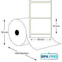 Thermo-Etikettenrollen 58 x 43 mm (Hülse: 40 mm)...